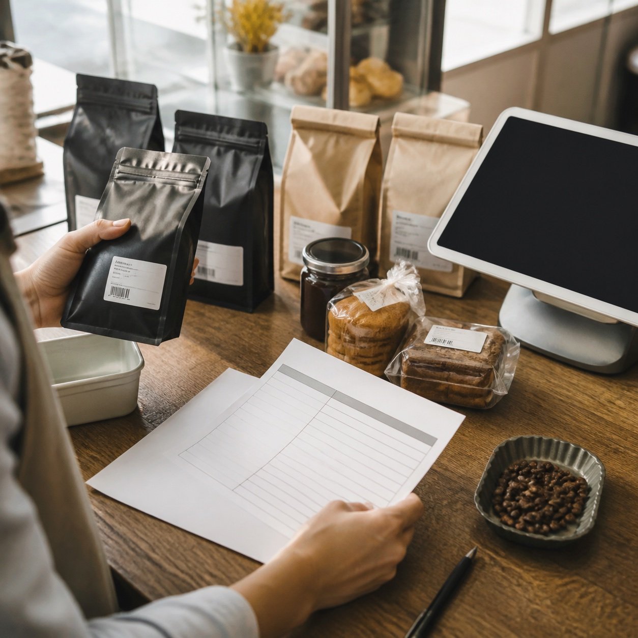 A merchant reviewing packaged products, inventory records and a point-of-sale system
