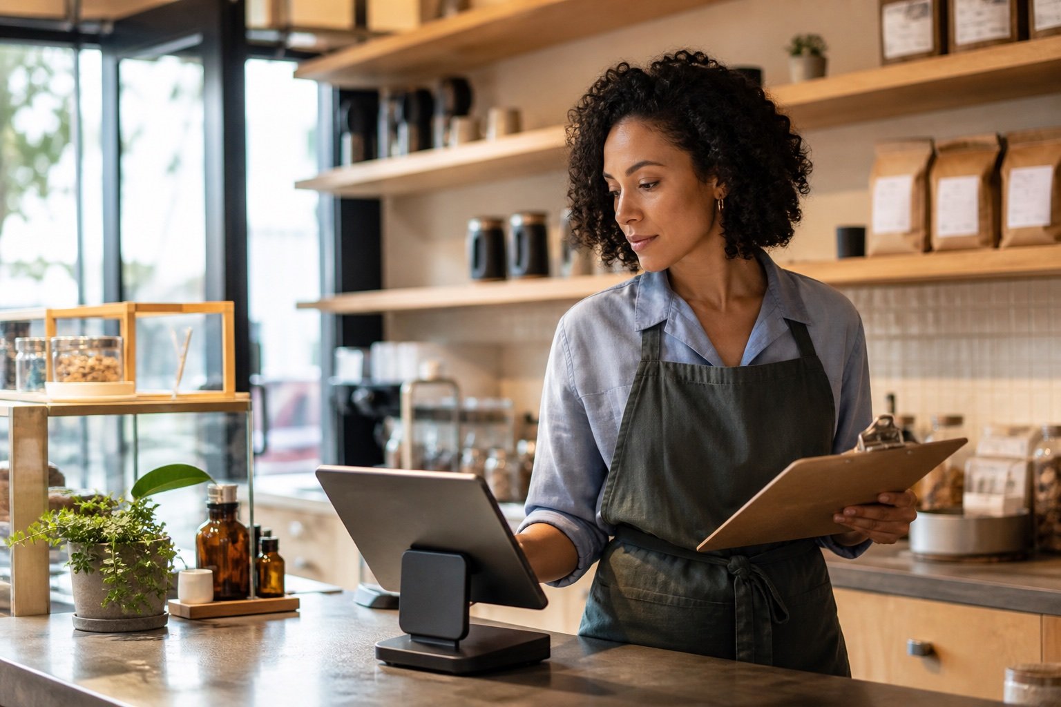 An independent merchant reviewing inventory and a point-of-sale system before opening